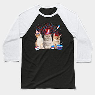 Happy 4th Of July Three Cat US Flag Patriotic Cats Lover Baseball T-Shirt